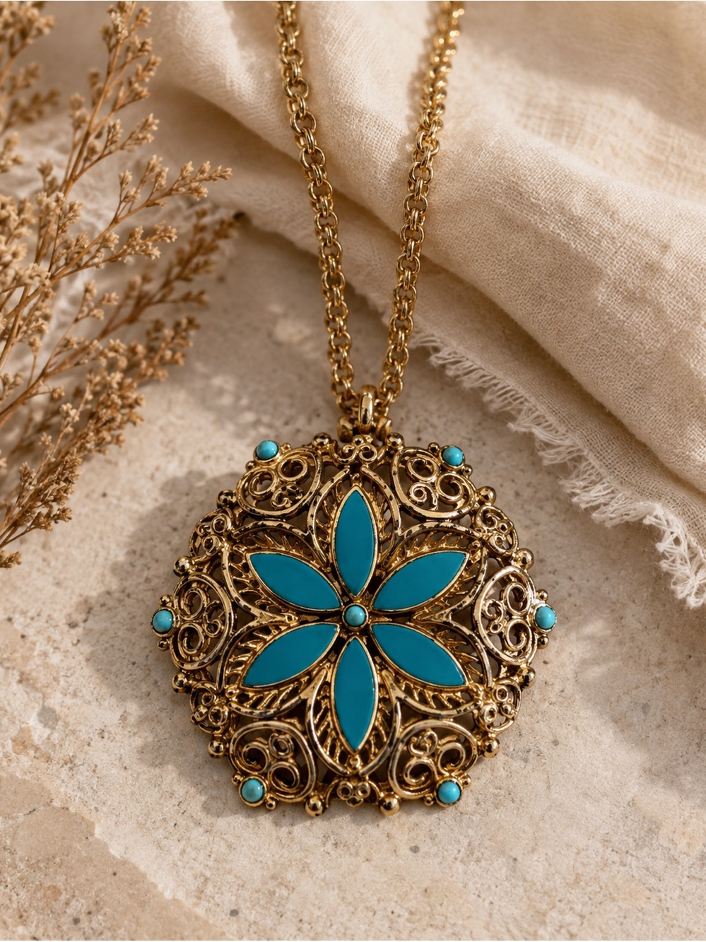 Vintage Style Turquoise Filigree Statement Pendant Necklace